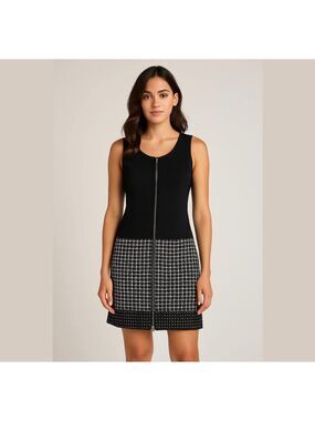 Laundry BY SHELLI SEGAL - Front Zip Black & White Tweed Mix Media Dress Sz 6